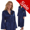 ladies plain navy blue warm cotton lined silky shiny satin and lace full length dressing gown, bathrobe, wrap, kimono with full length sleeves in UK sizes 16, 18, 