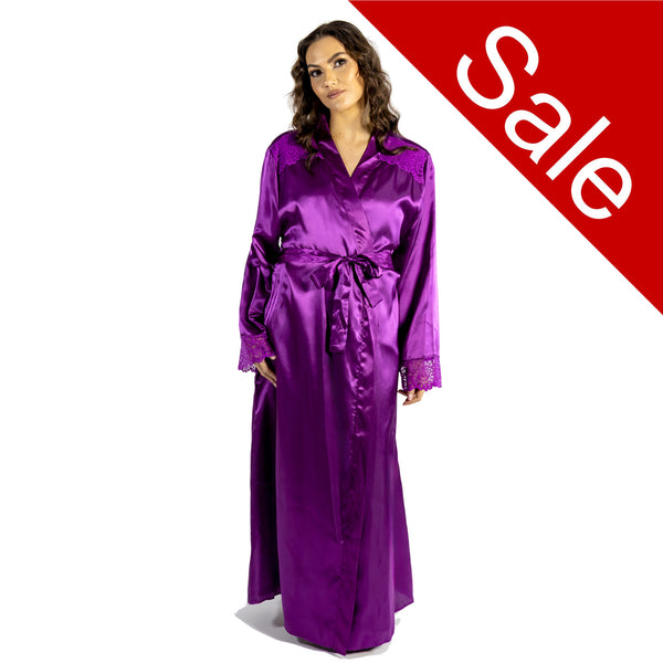 ladies plain fuchsia pink silky shiny satin and lace full length dressing gown, bathrobe, wrap, kimono with full length sleeves trimmed with lace in UK plus sizes 14, 16, 18, 20, 22, 24, 26, 28