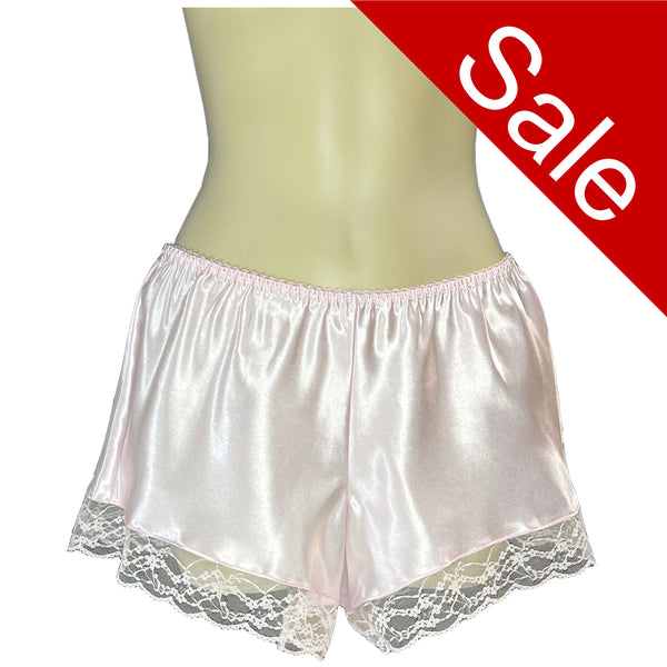 plain pink silky shiny satin and lace trim French knickers style shorts in UK sizes 8, 12, 