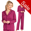 Plum purple plain mat satin pjs set consisting of a shirt style top with a collar, top pocket and button up front with matching full length trousers with an elasticated waist band in UK plus size 14, 16, 18, 20, 22, 24, 26, 28
