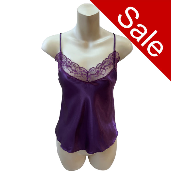 Plain purple silky shiny satin and lace cami camisole top with adjustable straps in UK sizes 8, 18, 20