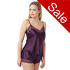 plain purple silky shiny satin with lace trim pyjamas set cami top with adjustable straps and French knickers shorts in UK sizes 8, 