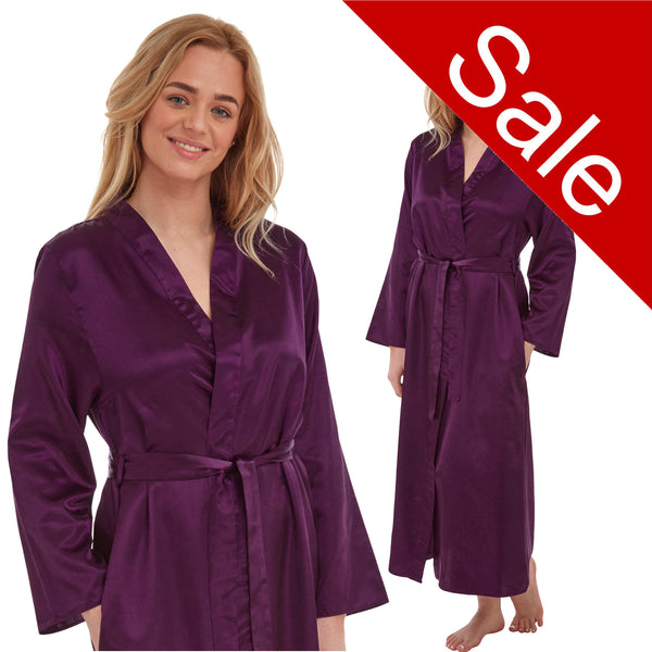 ladies plain purple warm cotton lined silky shiny satin and lace full length dressing gown, bathrobe, wrap, kimono with full length sleeves in UK sizes 12, 14, 16, 18, 