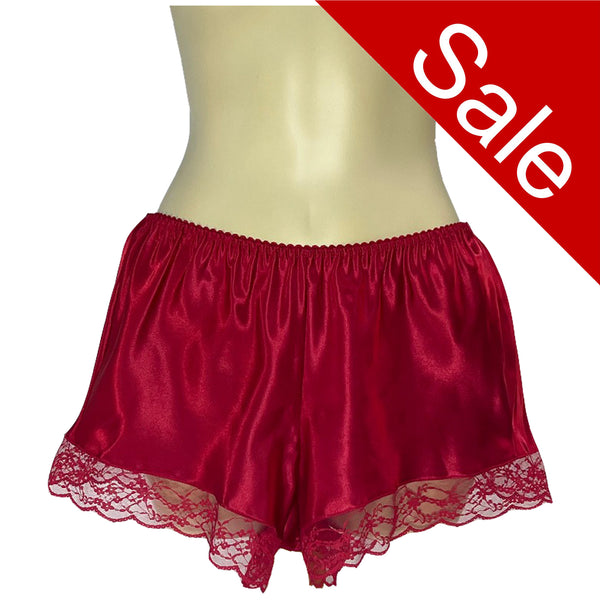 plain red silky shiny satin and lace trim French knickers style shorts in UK plus sizes 8, 10, 12,