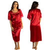 plain red shiny silky satin classic style mid length nightdress which is straight in fit with gathered fabric to the chest and elbow length sleeves. The chest and sleeves are trimmed with floral lace and it it available in UK plus sizes 8, 10, 16, 18, 20, 22, 24, 26, 28, 30, 32, 34