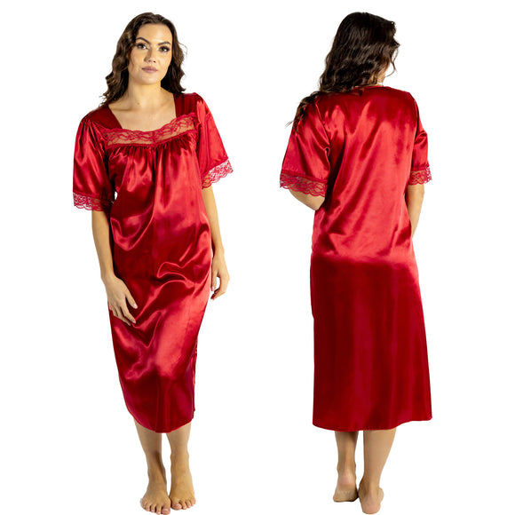 plain red shiny silky satin classic style mid length nightdress which is straight in fit with gathered fabric to the chest and elbow length sleeves. The chest and sleeves are trimmed with floral lace and it it available in UK plus sizes 8, 10, 16, 18, 20, 22, 24, 26, 28, 30, 32, 34