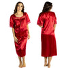 plain red shiny silky satin classic style mid length nightdress which is straight in fit with gathered fabric to the chest and elbow length sleeves. The chest and sleeves are trimmed with floral lace and it it available in UK plus sizes 8, 10, 16, 18, 20, 22, 24, 26, 28, 30, 32, 34