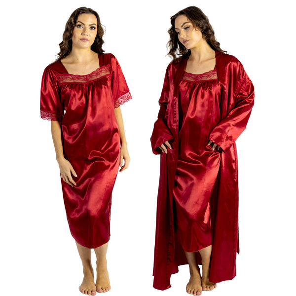 plain red shiny silky satin and lace nightdress with a wrap which is cuddleskin satin which is lined with brushed cotton for warmth. In uk sizes 12, 14, 16, 18, 20, 22, 24, 26