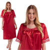 plain red shiny silky satin classic style mid length nightdress which is straight in fit with gathered fabric to the chest and elbow length sleeves. The chest and sleeves are trimmed with floral lace and it it available in UK plus sizes 8, 10, 12, 14, 16, 18, 20, 22, 24, 26, 28, 30, 32, 34