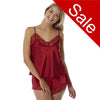 plain red silky shiny satin with lace trim pyjamas set cami top with adjustable straps and French knickers shorts in UK sizes 8, 