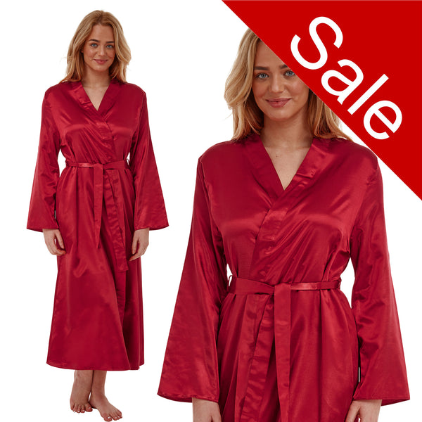 ladies plain red warm cotton lined silky shiny satin and lace full length dressing gown, bathrobe, wrap, kimono with full length sleeves in UK sizes 12, 14, 16, 18