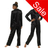 plain black silky shiny satin pjs set consisting of a shirt style top with full length sleeves, a collar, top pocket and a button up front with matching full length trousers in UK plus sizes 8, 10, 12, 14, 16, 18, 20, 22