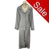 plain silver grey mat satin pjs set. They have a shirt style top with full length sleeves, a collar, top pocket and button up front. The trousers are full length with an elasticated waist band in UK plus sizes 22, 24, 26, 28