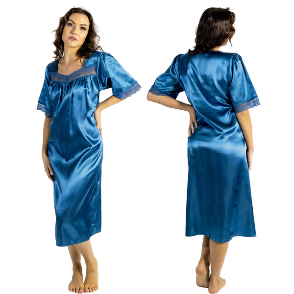 plain teal blue shiny silky satin classic style mid length nightdress which is straight in fit with gathered fabric to the chest and elbow length sleeves. The chest and sleeves are trimmed with floral lace and it it available in UK plus sizes 8, 10, 16, 18, 20, 22, 24, 26, 28, 30, 32, 34