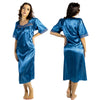 plain teal blue shiny silky satin classic style mid length nightdress which is straight in fit with gathered fabric to the chest and elbow length sleeves. The chest and sleeves are trimmed with floral lace and it it available in UK plus sizes 8, 10, 16, 18, 20, 22, 24, 26, 28, 30, 32, 34