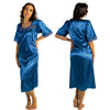 plain teal blue shiny silky satin classic style mid length nightdress which is straight in fit with gathered fabric to the chest and elbow length sleeves. The chest and sleeves are trimmed with floral lace and it it available in UK plus sizes 8, 10, 16, 18, 20, 22, 24, 26, 28, 30, 32, 34