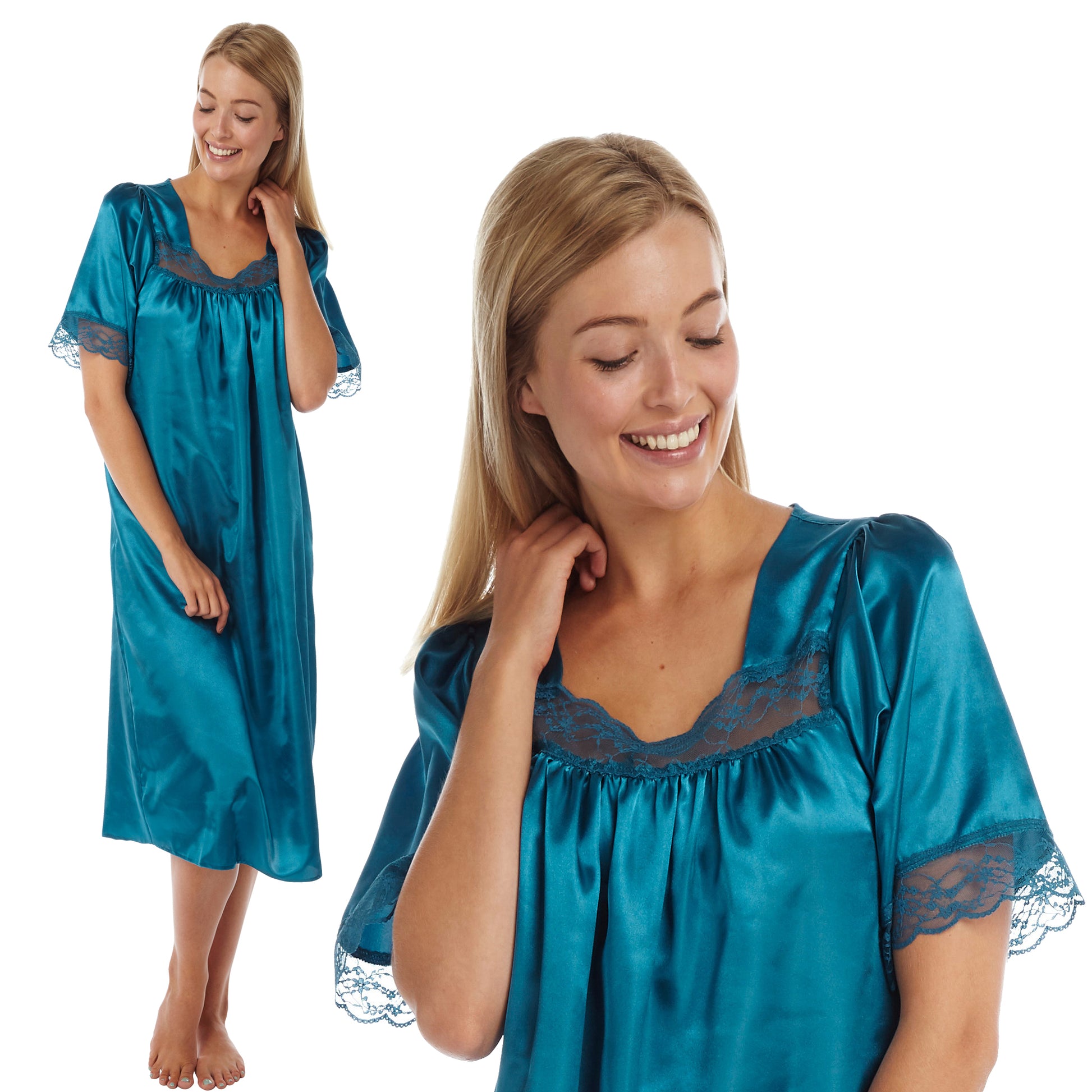 plain teal blue shiny silky satin classic style mid length nightdress which is straight in fit with gathered fabric to the chest and elbow length sleeves. The chest and sleeves are trimmed with floral lace and it it available in UK plus sizes 8, 10, 12, 14, 16, 18, 20, 22, 24, 26, 28, 30, 32, 34