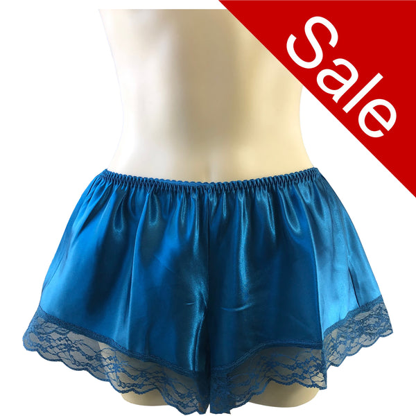 plain teal blue silky shiny satin and lace trim French knickers style shorts in UK sizes 8, 12, 