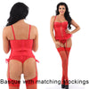 unpadded and underwired red floral lace basque with matching thong with vertical bones and detachable suspenders and straps with matching stockings in UK sizes 32A, 32B, 32D, 32DD, 34A, 34B, 34DD, 36A, 
