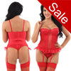 unpadded and underwired red floral lace basque with matching thong with vertical bones and detachable suspenders and straps in UK sizes 32A, 32B, 32D, 32DD, 34A, 34B, 34DD, 36A,