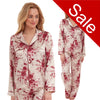 gold background with a red floral print silky shiny satin pjs set consisting of a shirt style top with full length sleeves, a collar, top pocket and a button up front with matching full length trousers in UK plus sizes 22, 24, 26, 28