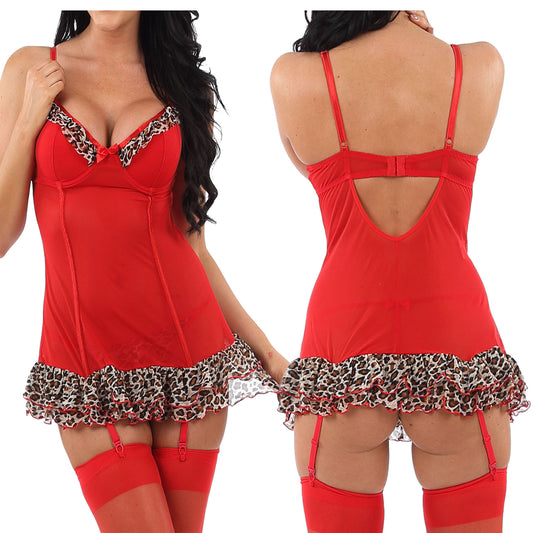 Sexy Red Leopard Print Dress Babydoll with Rara Skirt Matching Thong Negligee Lingerie