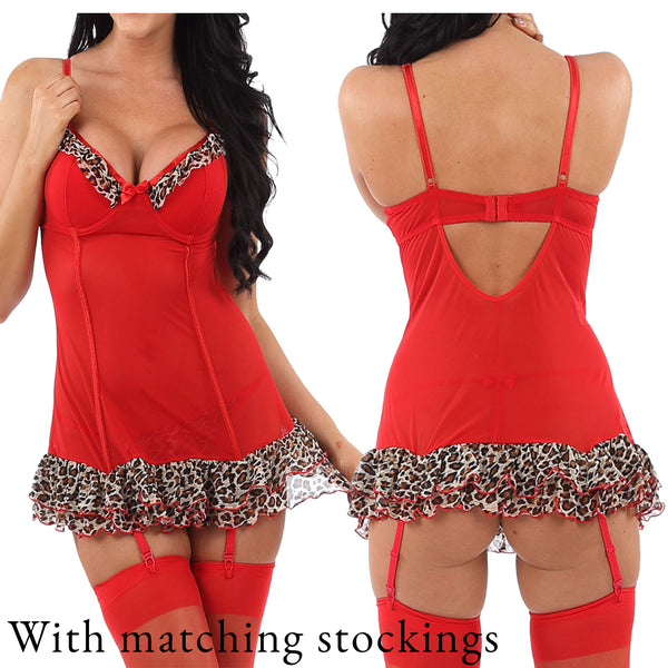 Sexy Red Leopard Print Dress Babydoll with Matching Stockings