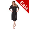 plain black shiny silky satin classic style mid length nightdress which is straight in fit with gathered fabric to the chest and elbow length sleeves. The chest and sleeves are trimmed with floral lace and it it available in UK sizes 8, 10, 12, 14, 16, 18, 