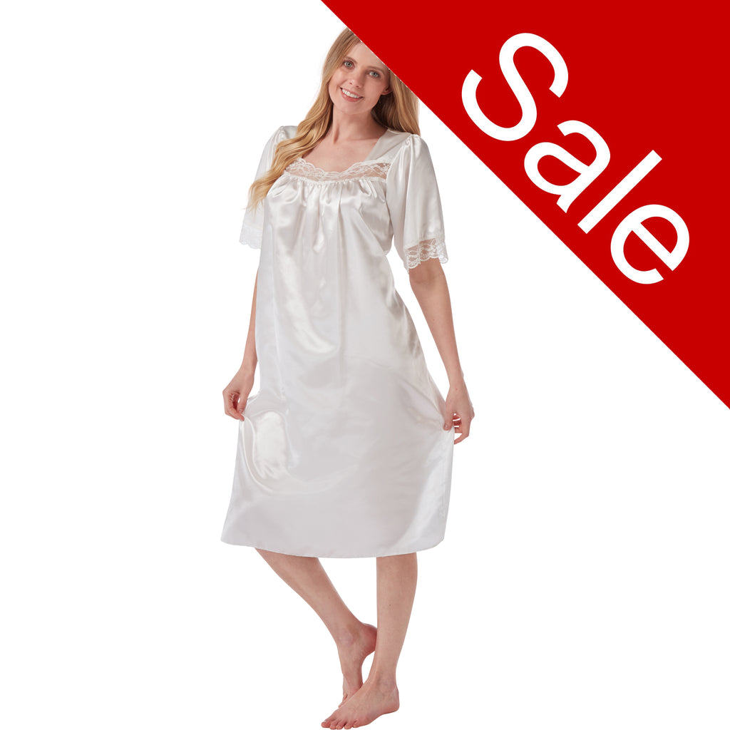 Sale Plain Ivory White Sexy Satin and Lace Short Sleeve Nightdress