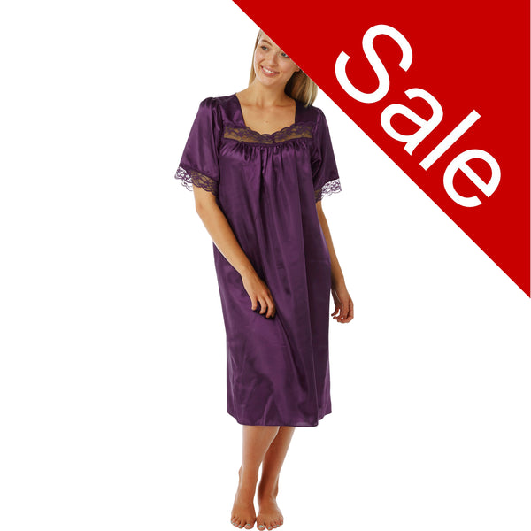 Sale Plain Purple Sexy Satin & Lace Short Sleeve Nightdress