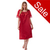 plain red shiny silky satin classic style mid length nightdress which is straight in fit with gathered fabric to the chest and elbow length sleeves. The chest and sleeves are trimmed with floral lace and it it available in UK sizes 8, 10, 16, 18,