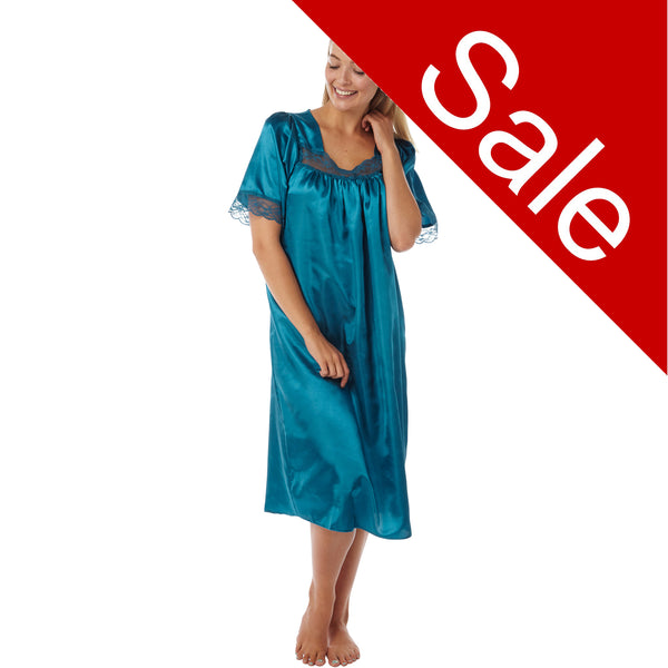 Sale Plain Teal Blue Sexy Satin & Lace Short Sleeve Nightdress