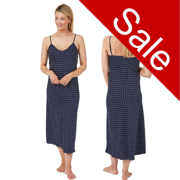 long full length chiffon chemise nightdress with string adjustable straps in a navy and white polka dot pattern in UK sizes 12, 14, 16, 18, 20, 22,