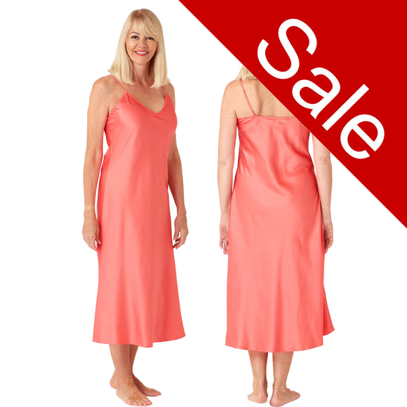 Sale Long Full Length Plain Coral Pink Sexy Satin Chemise Nightdress