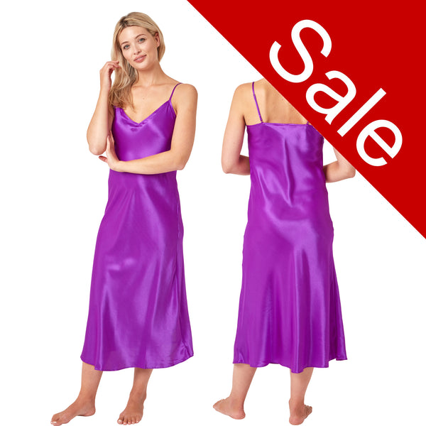 long full length sliky shiny satin chemise nightdress with string adjustable straps in a violet purple in UK plus sizes 8, 10, 12, 14, 16, 18, 20, 22, 24, 26,