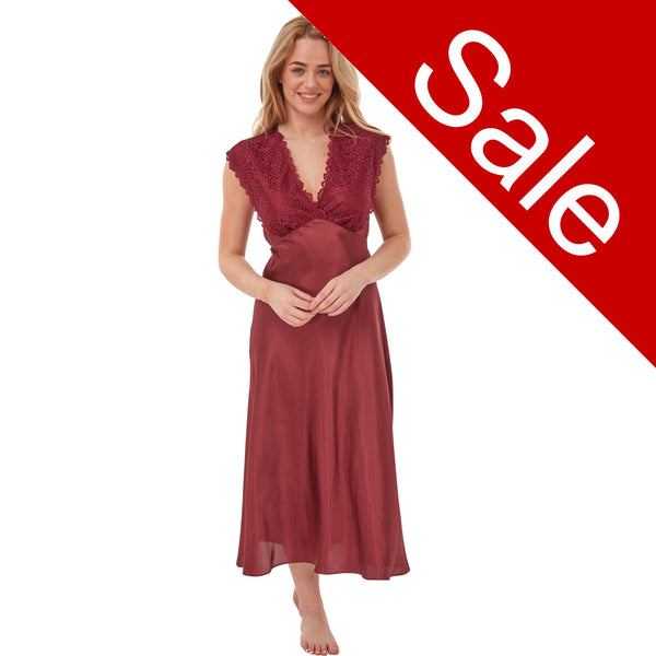 Sale Plain Burgundy Red Wide Strap Full Length Long Sexy Satin Nightdress