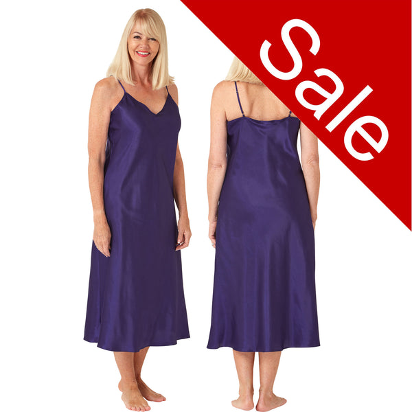 Sale Long Full Length Plain Azure Blue Sexy Satin Chemise Nightdress