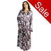 ladies blue floral silky shiny satin abstract floral full length dressing gown, bathrobe, wrap, kimono with full length sleeves in UK plus sizes 14, 16, 18, 20, 22, 24, 26, 28