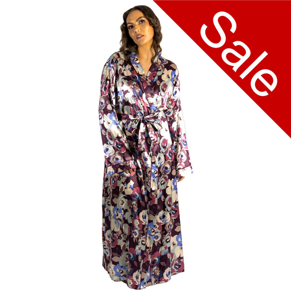 ladies mulberry purple floral silky shiny satin abstract floral full length dressing gown, bathrobe, wrap, kimono with full length sleeves in UK sizes 14, 16, 18, 20, 22, 24