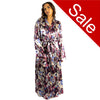 ladies mulberry purple floral silky shiny satin abstract floral full length dressing gown, bathrobe, wrap, kimono with full length sleeves in UK sizes 14, 16, 18, 20, 22, 24
