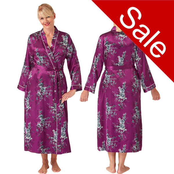 ladies fuchsia pink floral silky shiny satin oriental style full length dressing gown, bathrobe, wrap, kimono with full length sleeves in UK sizes 14, 16, 18, 20