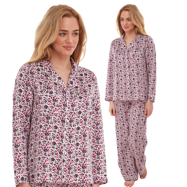 Floral blue and pink abstract print shiny satin pjs set consisting of a shirt style top with a collar, top pocket and button up front with matching full length trousers with an elasticated waist band in UK size 18-20