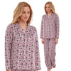 Floral blue and pink abstract print shiny satin pjs set consisting of a shirt style top with a collar, top pocket and button up front with matching full length trousers with an elasticated waist band in UK size 18-20