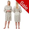 Cheetah animal print style with a ivory background in a silky mat satin wrap, dressing gown, bathrobe, kimono which is knee length with adjustable straps and a vee neck detail in UK sizes 10, 12, 14, 16, 18, 20