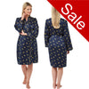 Cheetah animal print style with a navy background in a silky mat satin wrap, dressing gown, bathrobe, kimono which is knee length with adjustable straps and a vee neck detail in UK sizes 10, 12, 14, 16