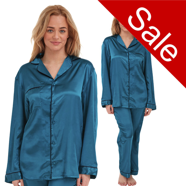 plain teal blue silky shiny satin pjs set consisting of a shirt style top with full length sleeves, a collar, top pocket and a button up front with matching full length trousers in UK plus sizes 14, 16, 18, 20, 22, 24,