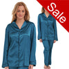 plain teal blue silky shiny satin pjs set consisting of a shirt style top with full length sleeves, a collar, top pocket and a button up front with matching full length trousers in UK plus sizes 14, 16, 18, 20, 22, 24,