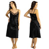 plain black shiny silky satin and lace chemise nightie which is midi over the knee length with adjustable straps and a vee neck detail in UK plus sizes 8, 12, 14, 16, 18, 20, 22, 24, 26, 28, 30, 32, 34, 36, 38