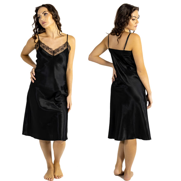 plain black shiny silky satin and lace chemise nightie which is midi over the knee length with adjustable straps and a vee neck detail in UK plus sizes 8, 12, 14, 16, 18, 20, 22, 24, 26, 28, 30, 32, 34, 36, 38