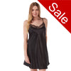 plain black shiny silky satin and lace chemise nightie which is knee length with adjustable straps and a vee neck detail in UK sizes 8, 12,